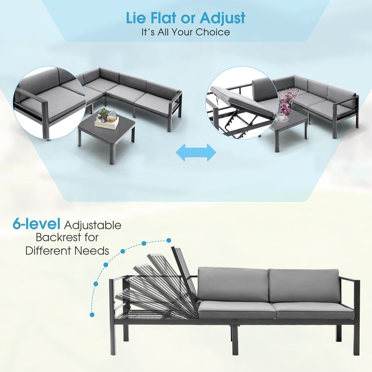 3 Piece Aluminum Patio Sofa Set with 6-Level Reclining Backrest