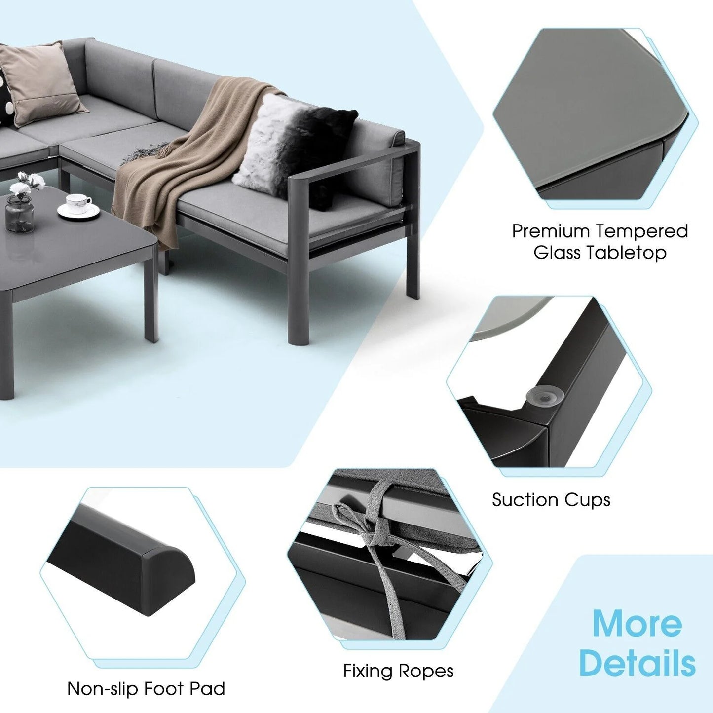 3 Piece Aluminum Patio Sofa Set with 6-Level Reclining Backrest