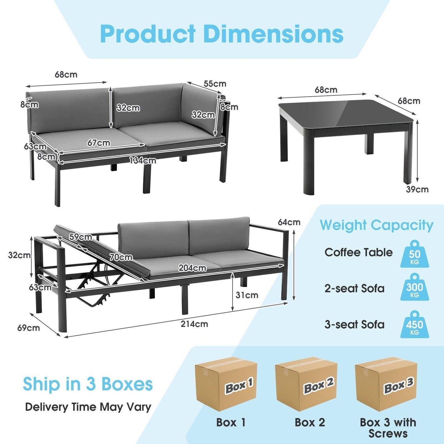 3 Piece Aluminum Patio Sofa Set with 6-Level Reclining Backrest