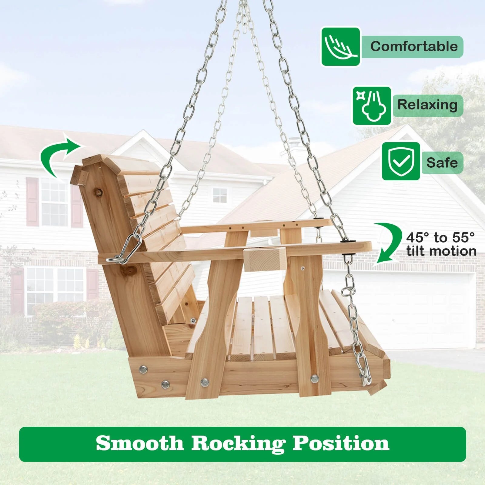 149Cm Wooden Porch Swing with Cup Holders Outdoor Hanging Bench