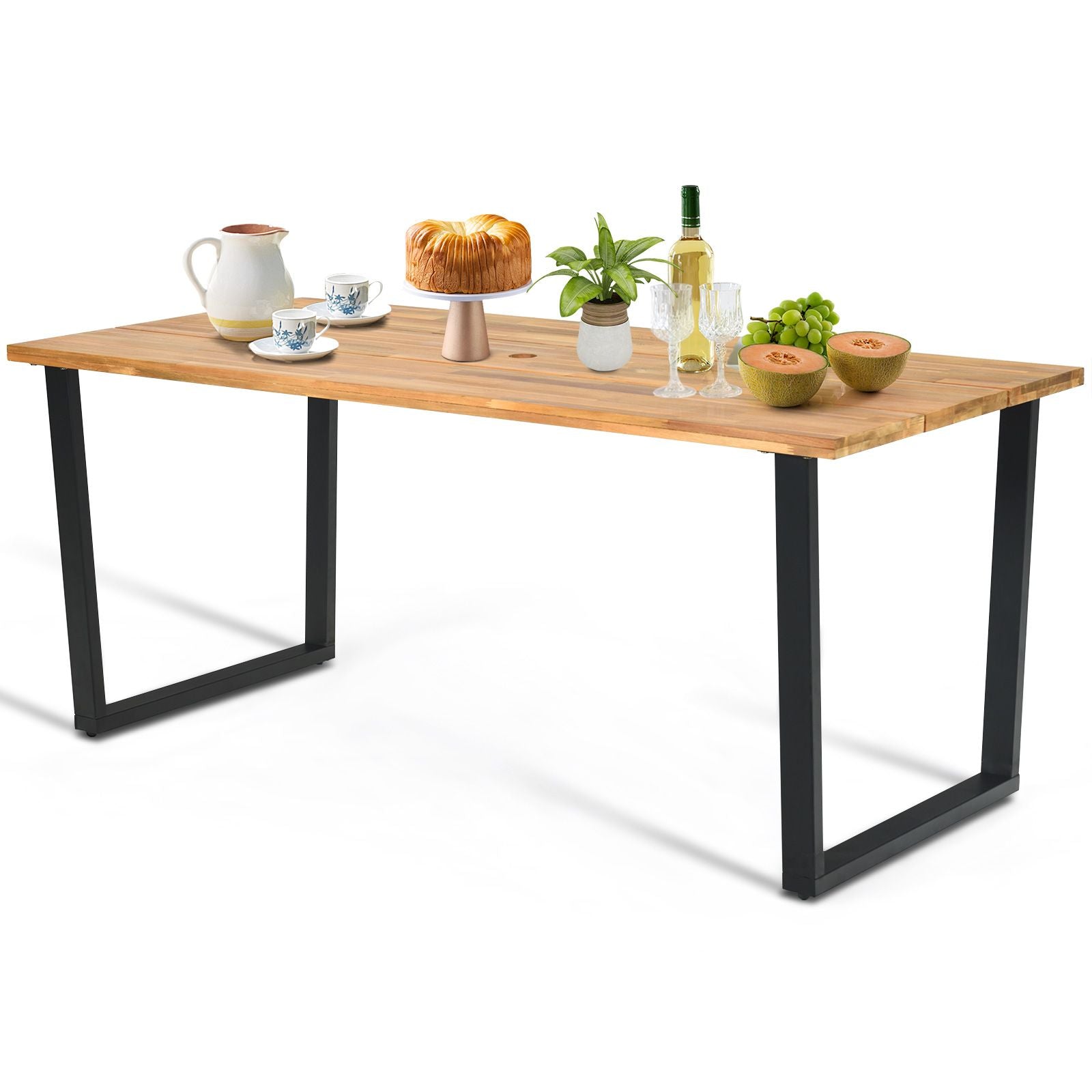 175 X 80Cm Patio Rectangle Dining Table for 6 Person with Umbrella Hole