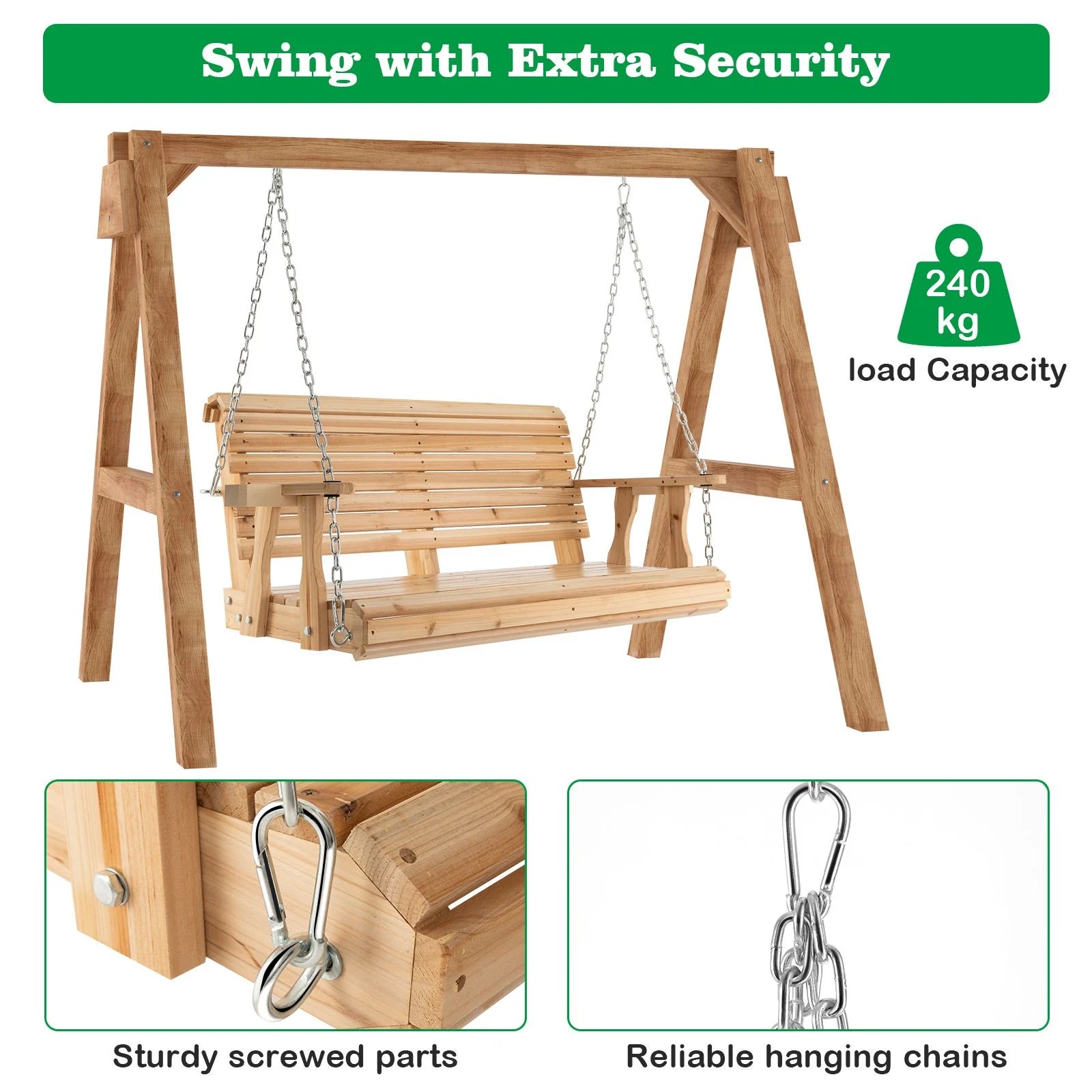 149Cm Wooden Porch Swing with Cup Holders Outdoor Hanging Bench