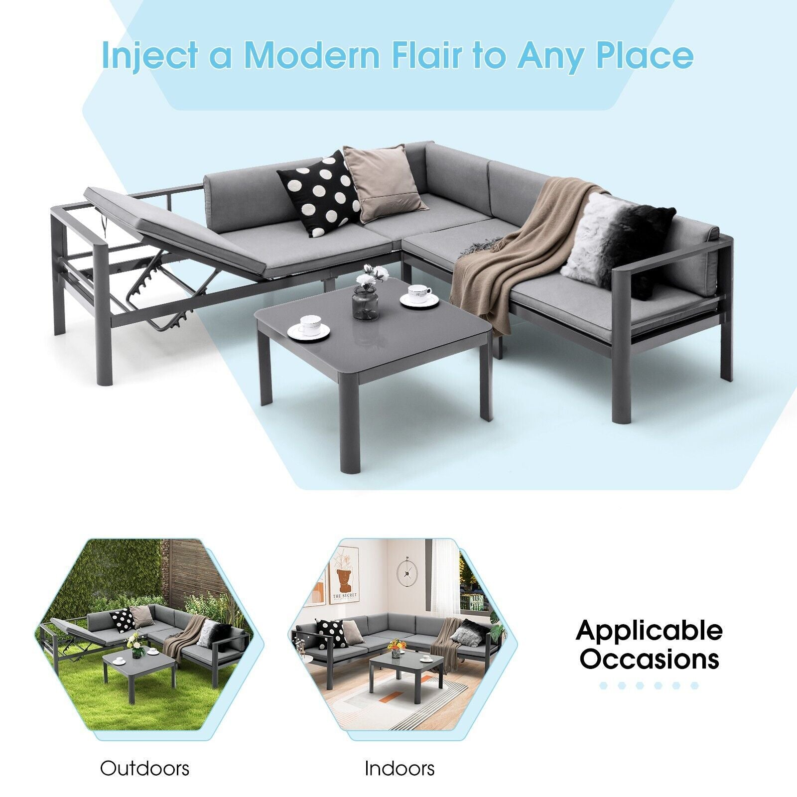 3 Piece Aluminum Patio Sofa Set with 6-Level Reclining Backrest
