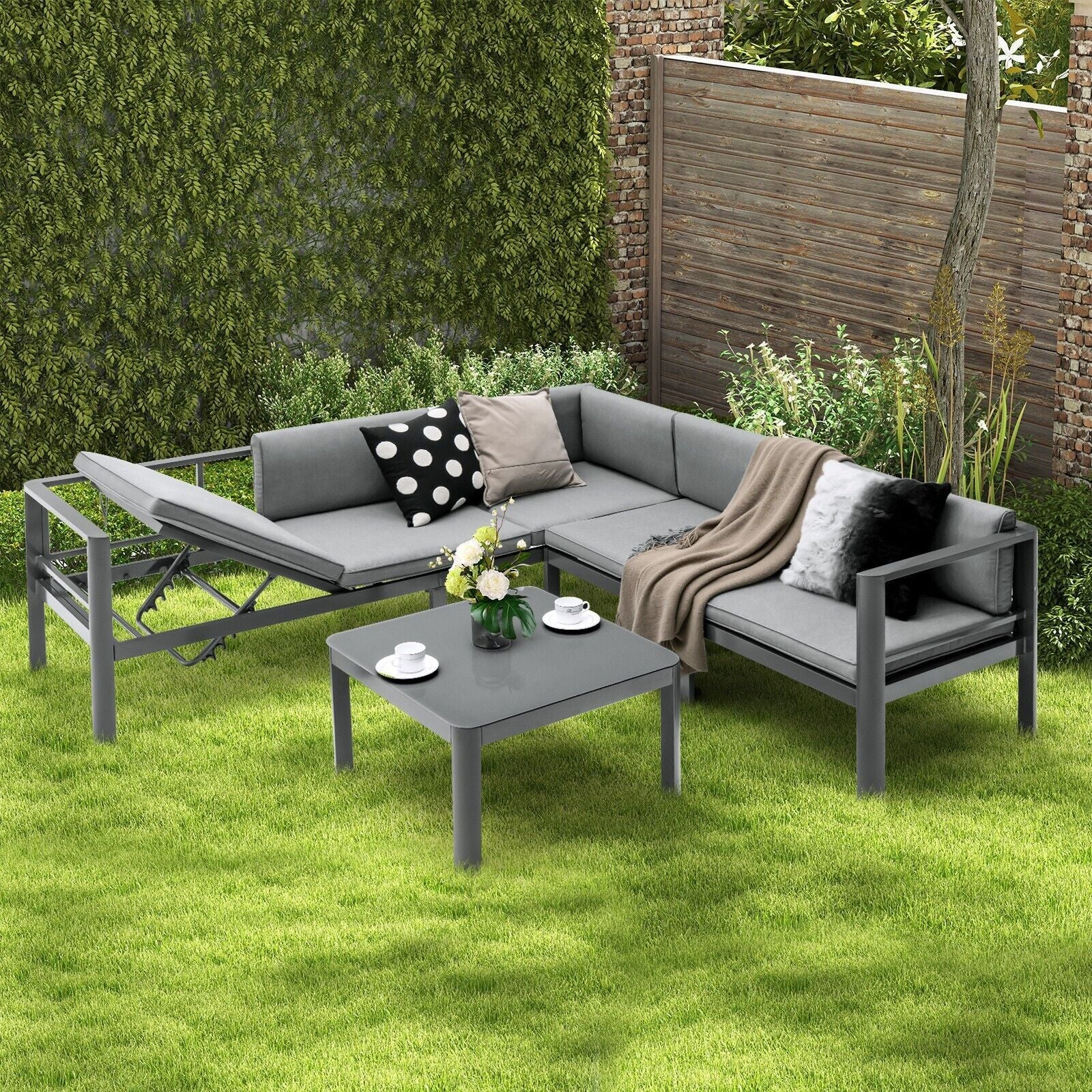 3 Piece Aluminum Patio Sofa Set with 6-Level Reclining Backrest