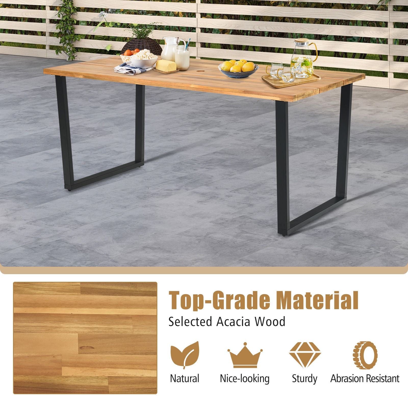 175 X 80Cm Patio Rectangle Dining Table for 6 Person with Umbrella Hole