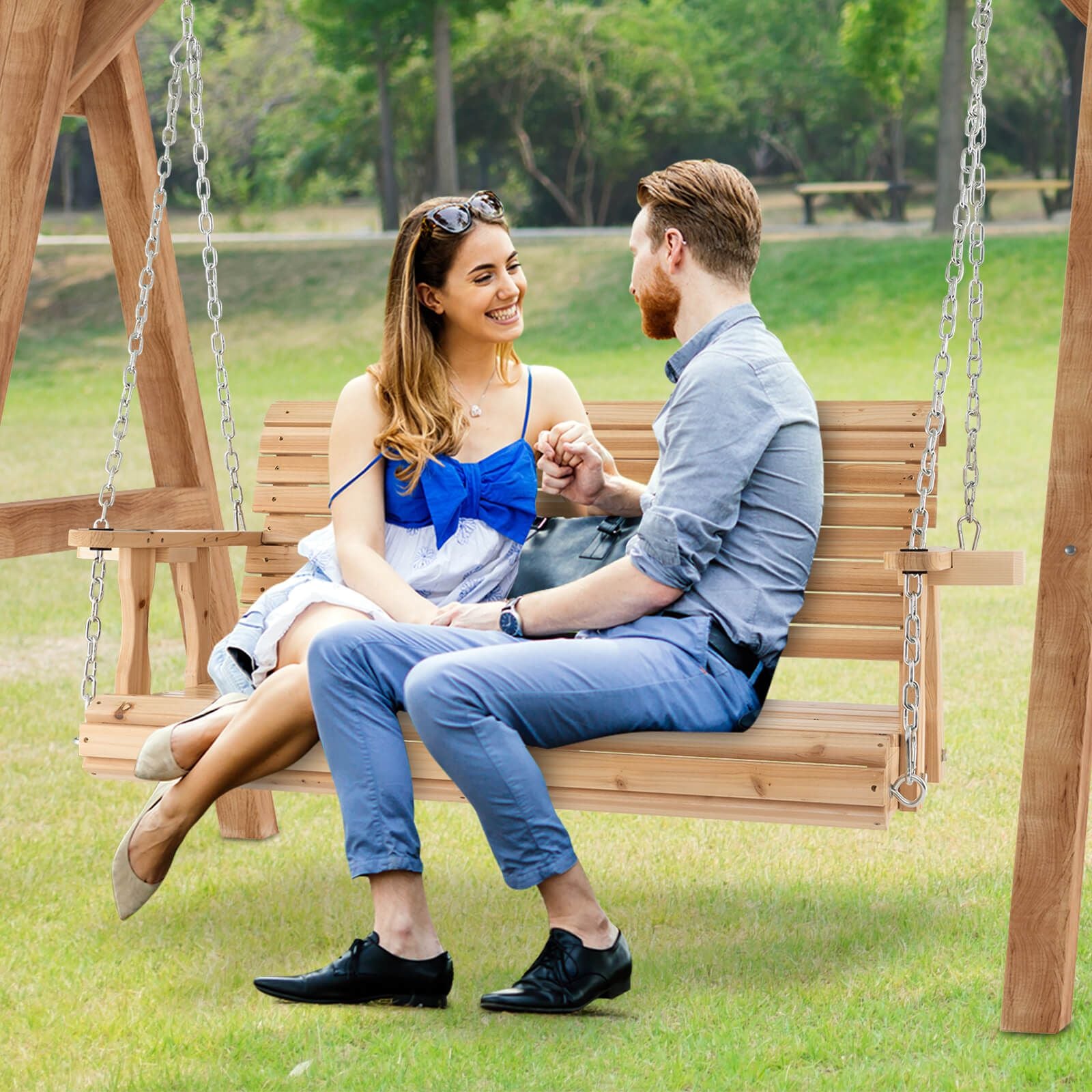 149Cm Wooden Porch Swing with Cup Holders Outdoor Hanging Bench