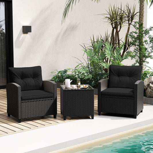 3 Piece Patio Furniture Set Rattan Conversation Set with Seat and Back Cushions